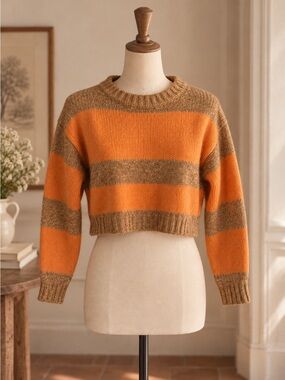 Massimo Dutti Orange and Brown Striped Wool Sweater Size XS